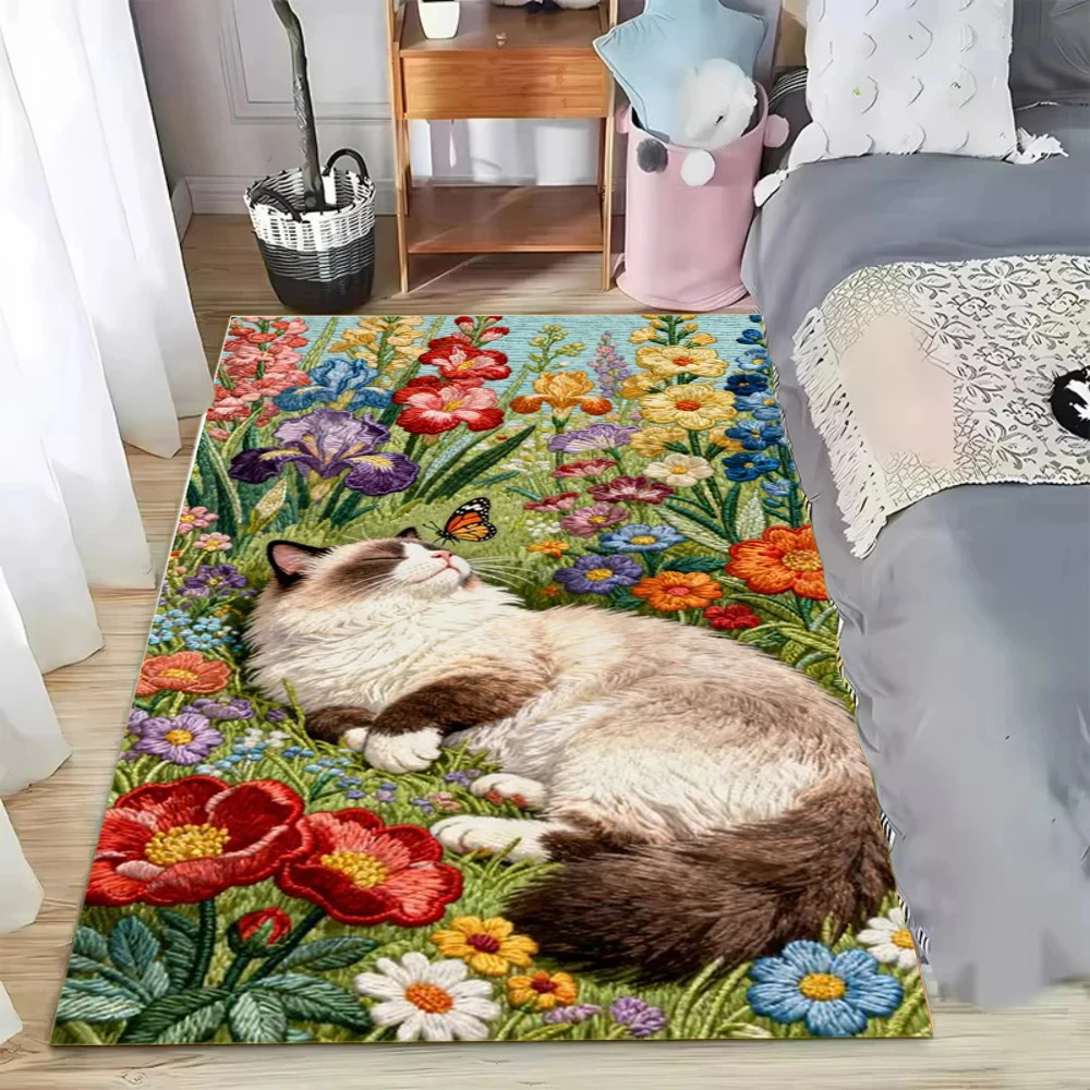 Idyllische Landschaftsteppich, Teppich, niedliches Katzenmuster, weiche, rutschfeste Bodenmatte für Wohnzimmer, Schlafzimmer, Heimdekoration