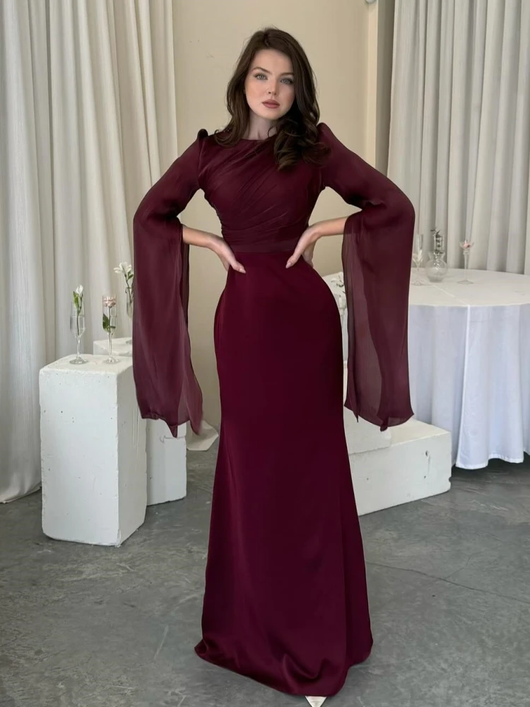 Sexy O Neck Batwing Sleeve Lace-up Slim Fit Long Dress Women Flare Long Sleeve Folds Maxi Dresses Elegant Evening Party Gowns