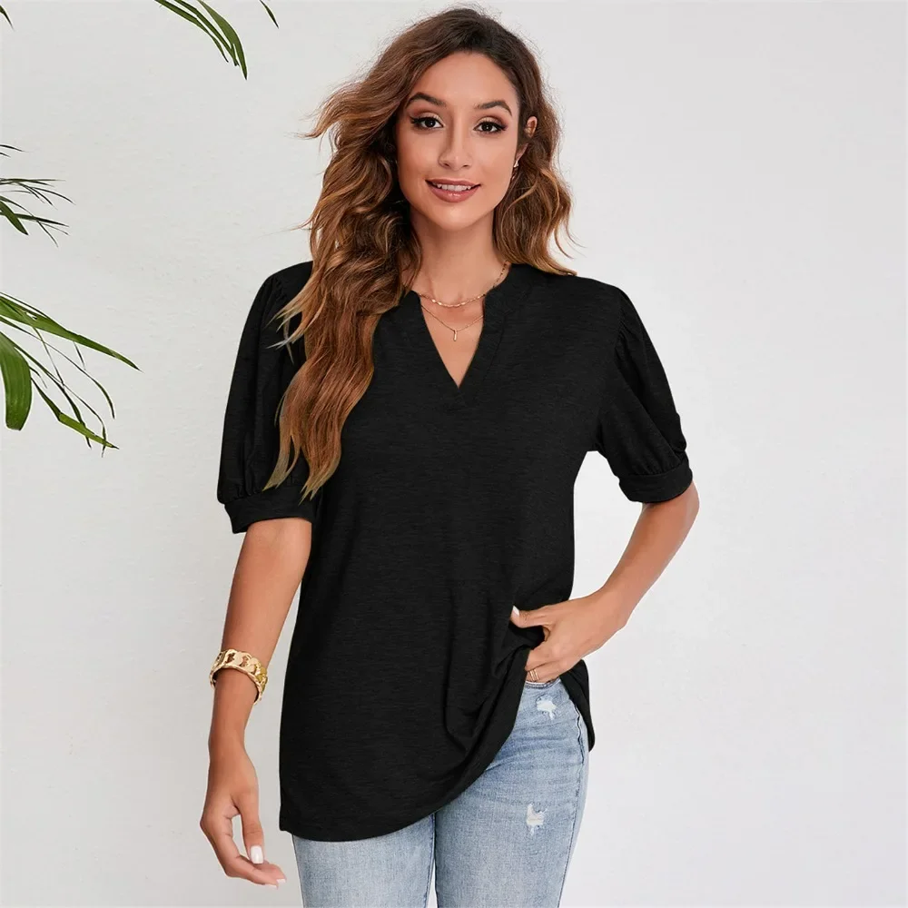 

Woman Clothing Summer T-shirt Puff Short Sleeve Tops Tees Korean Popular Clothes T Shirts for Women Blouses Blue White Tshirt