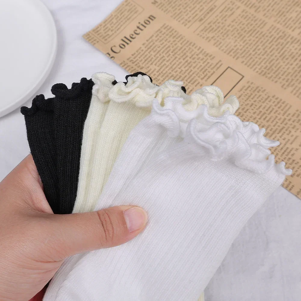 1/2/5/10Pairs Cotton Ruffle Socks Middle Tube Ankle Breathable Black White Spring Autumn Casual Sock Cute Lolita Korean Stocking image 5