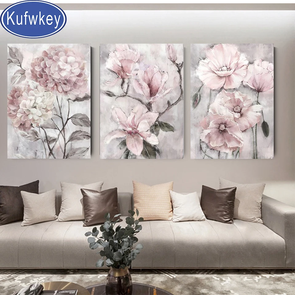 diy Fantasy Pink Flower 5D Diamond Painting Peony Stitch Cross 3D Diamond Embroidery Rhinestone Mosaic Triptych home Decor Art