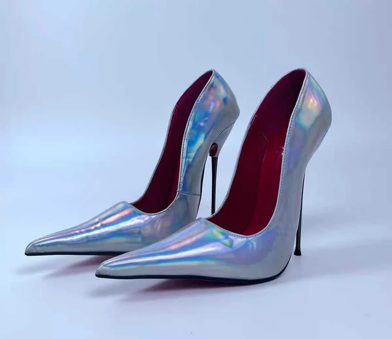 CACA 17cm High Heels,Women Pumps,Long Pointed Toe,Stage Show Shallow Shoes,Colorful Laser Silver,Sexy Patent Leather,Dropship