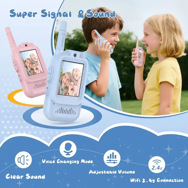 

2pcs children's video intercom, 600mAh battery, WIFI connection, clear sound quality, voice changing mode, adjustable volume