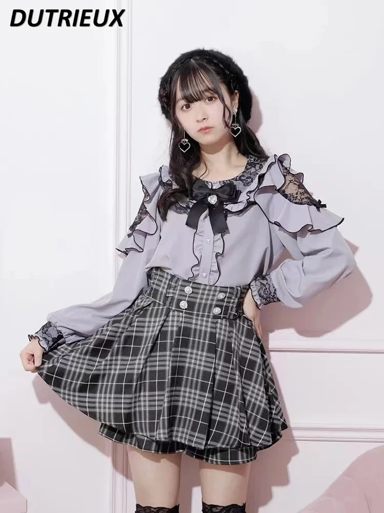 Japanese New Lolita Clothes Sweet Lace Ruffled Off-the-Shoulder Mine Long Sleeve Shirt Women Spring Summer New Blusas Femininas