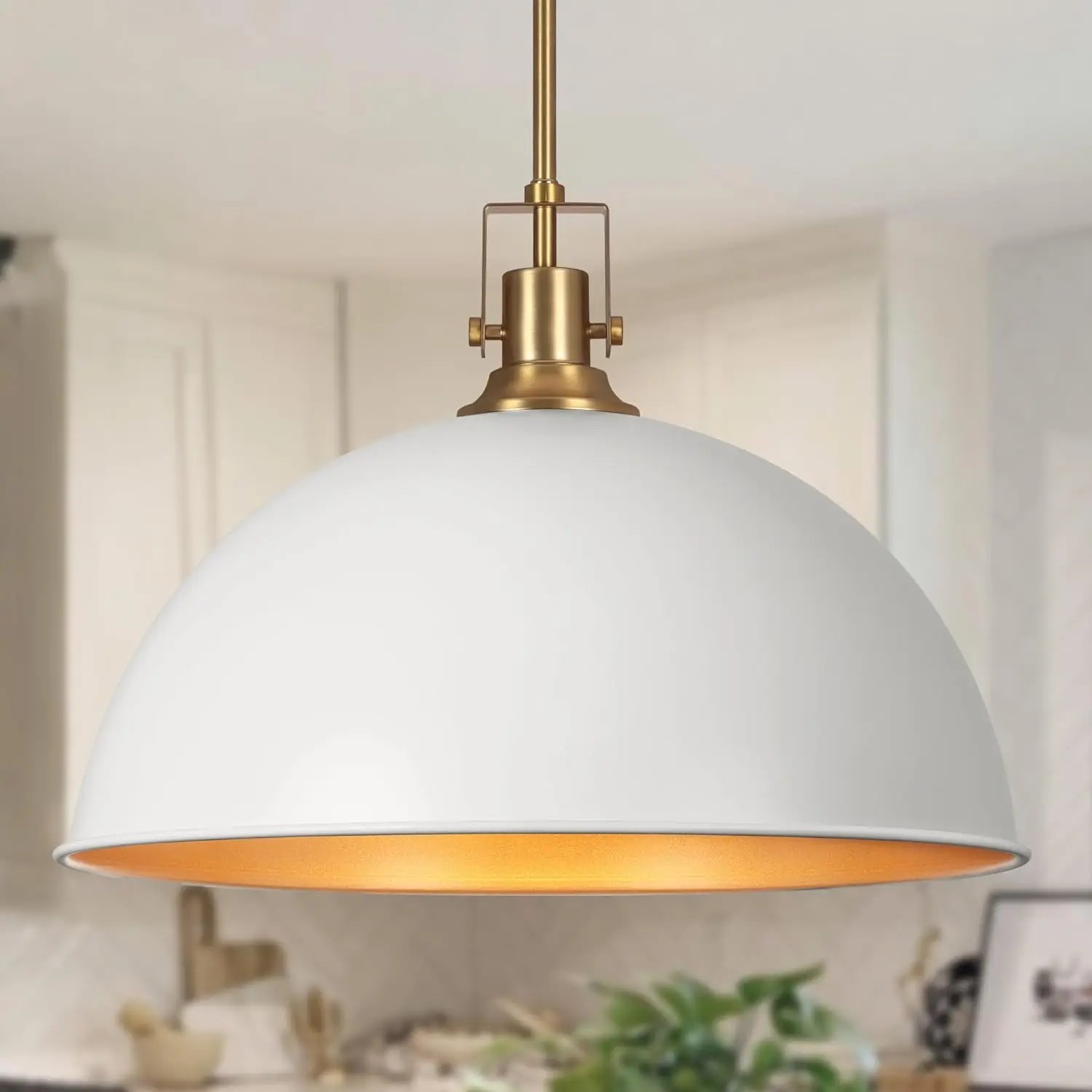 Lamqee 18 Inch White And Gold Large Pendant Light Kitchen Island, Farmhouse Modern Dome Pendant Light Fixtures Ceiling Hanging