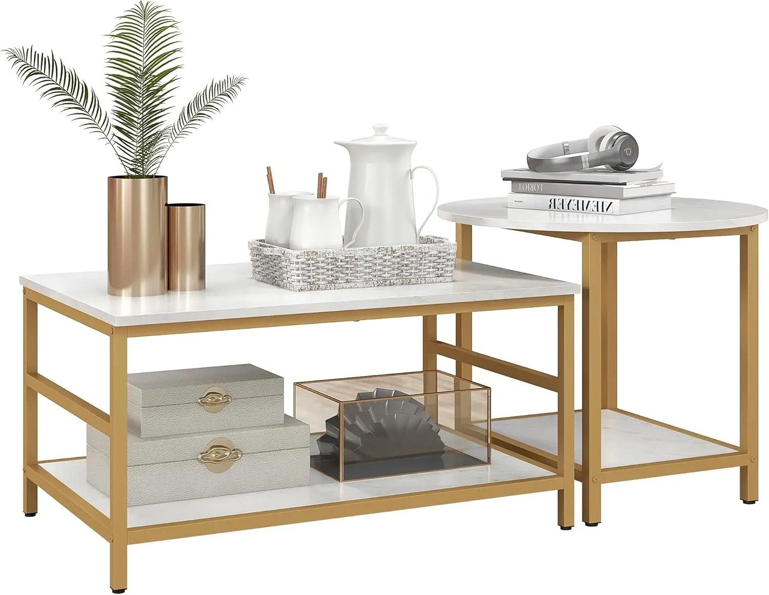 

Coffee Tables Set of 2, 2-Rier Rectangle and Round Coffee Table with Storage Shelves, Faux Marble Top