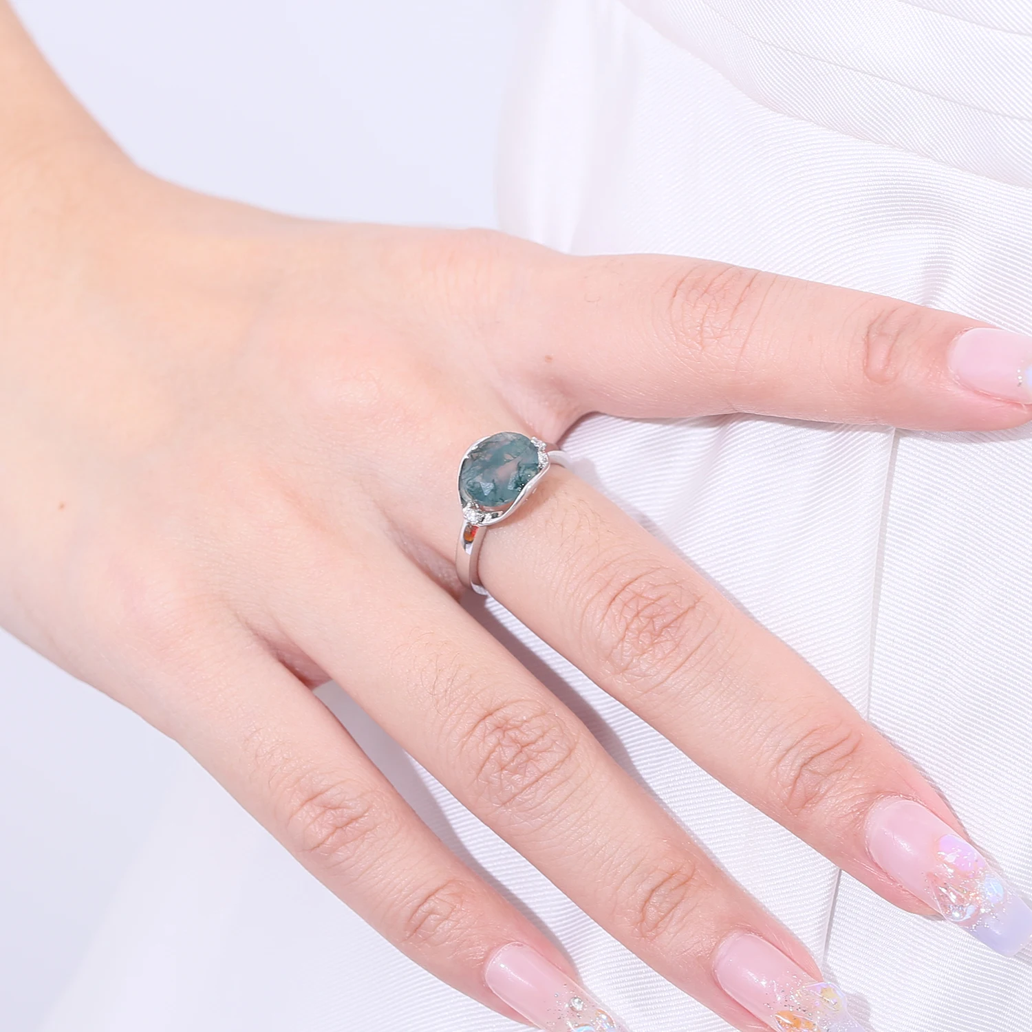 Gem\'s Beauty Original Design Moss Agate Ring 925 Sterling Silver Gemstone Ring Prong Setting Wedding Ring Luxury Fine Jewelry