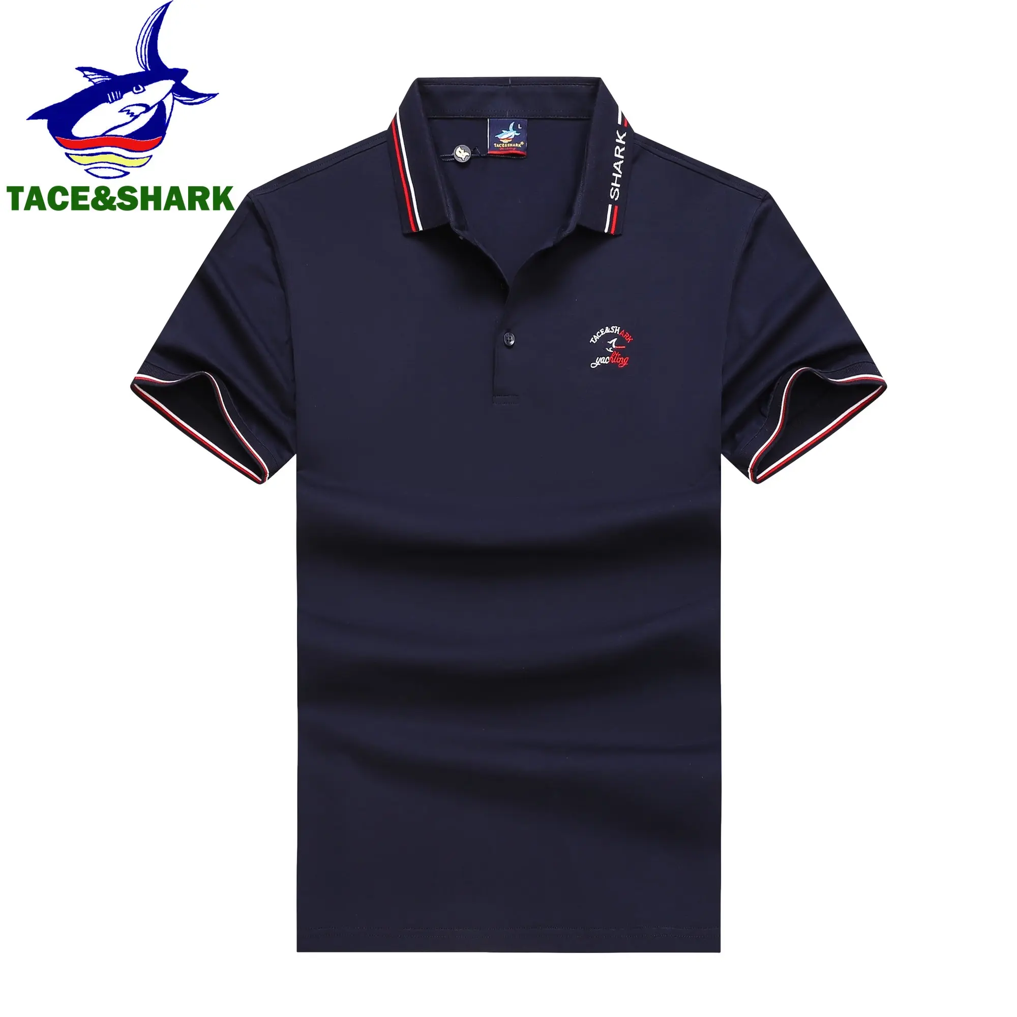 TACE&SHARK New Arrival Dark Blue White Gray Brand Clothing Shark Embroidery Men Solid Color Short Sleeve Fashion Business Polos