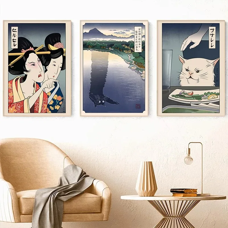 Japanese Ukiyoe Style Poster Print Woman Yelling At Cat Canvas Painting Vintage Longcat Living Room Wall Art Picture Home Decor