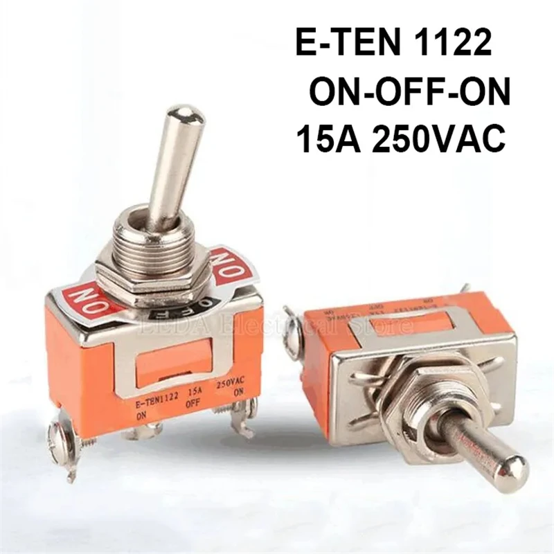 2Pcs E-TEN1122 Silver Contact SPDT 12MM 15A 250V AC ON-OFF-ON 3 Position 3Pin Reset Rocker Toggle Slide Switch E-TEN 1122 Orange