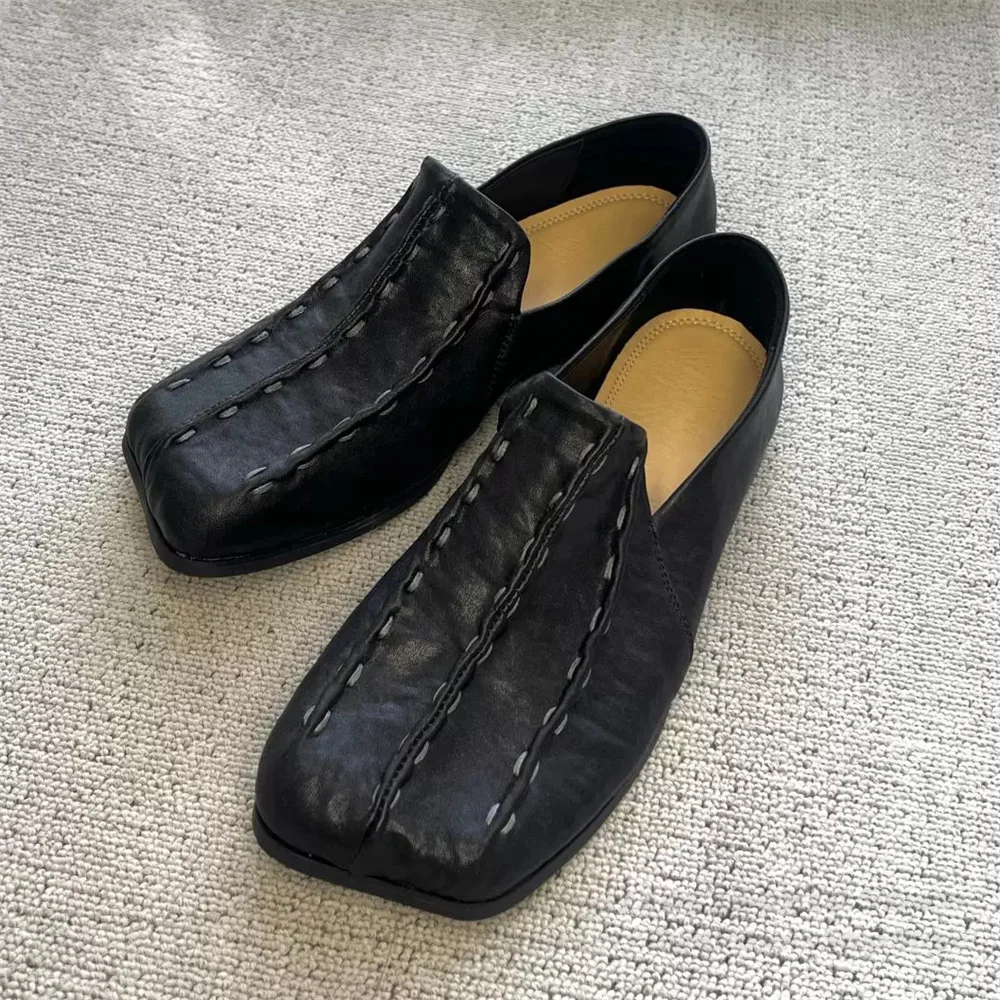 2026 Autumn and Winter Genuine Leather Single Shoes Men Handmade Stitching Leather Loafers Square Toe Double Heel Casual Shoes