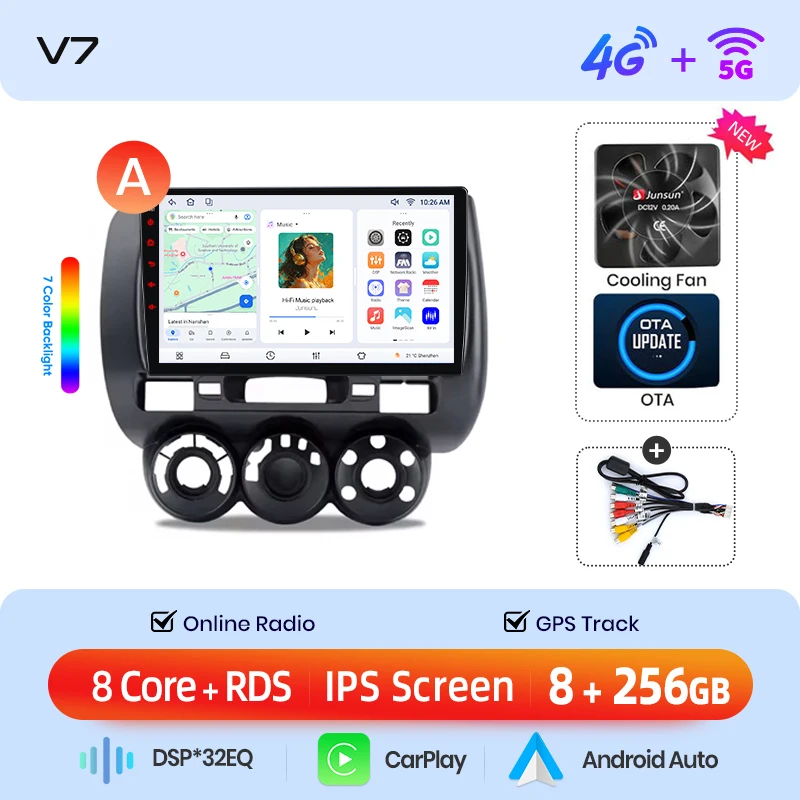 Junsun draadloze CarPlay Android Auto autoradio voor Honda Jazz Mk2 (GD) 2002-2008 met ingebouwde koelventilator, Android GPS navigatie, multimediaspeler, WiFi, DSP, RDS, BT, SWC, IPS touchscreen,