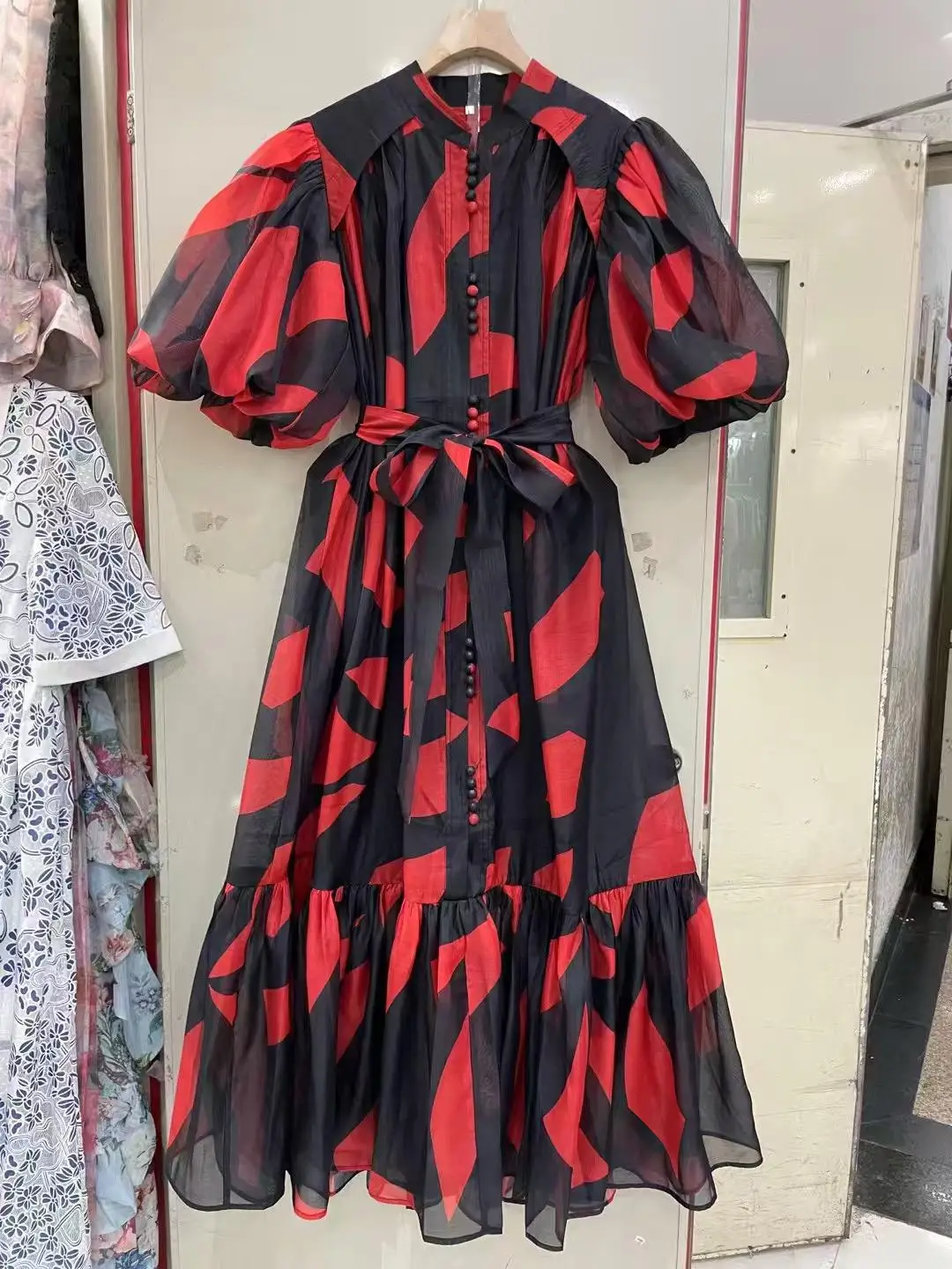 

2025 Summer Spring Dress New Fashion Design Women's Catwalk Puff Sleeve Retro Print Flower Casual Midi Length Belt-GZYYY00016