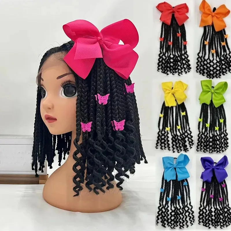 

Kids Braided Ponytail with Beads and Bow Kids Hair Extension Ponytail with Curly End for Girls Black Girl Hair Accessories