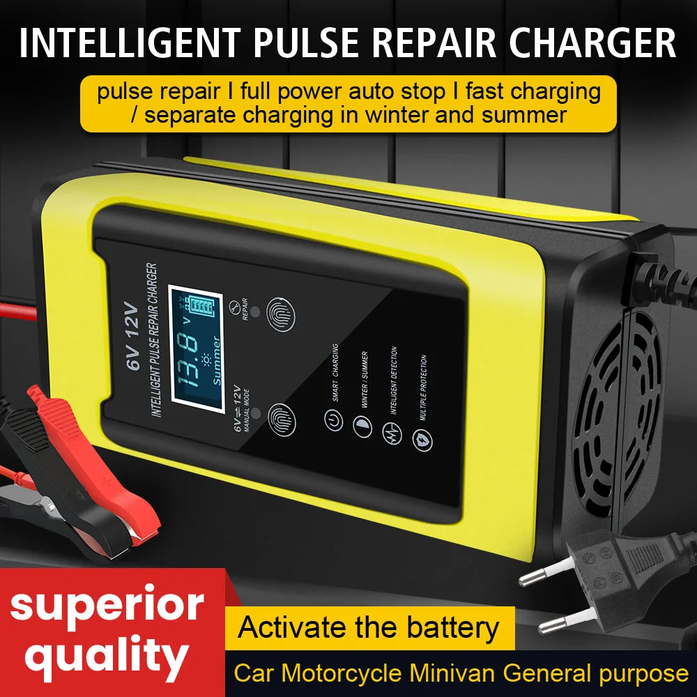 

6V 12V 6A Pulse Repair LCD Display Car Battery Charger Auto Motorcycle Universal Cycle GEL Lead-Acid Charger Smart Fast Charge