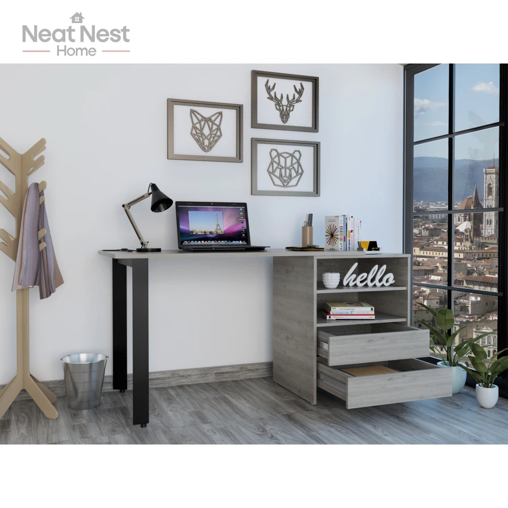

Light Gray 2-Drawer 2-Shelf Writing Desk,Modern desks with storage space,used as study desk and a game desk,Household furniture
