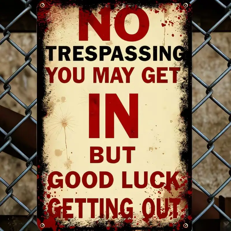 Retro Bloody No Trespassing Metal Tin Sign - 2D Horror Design, Red - Black Iron Wall Art for Haunted House, Halloween & Game Roo