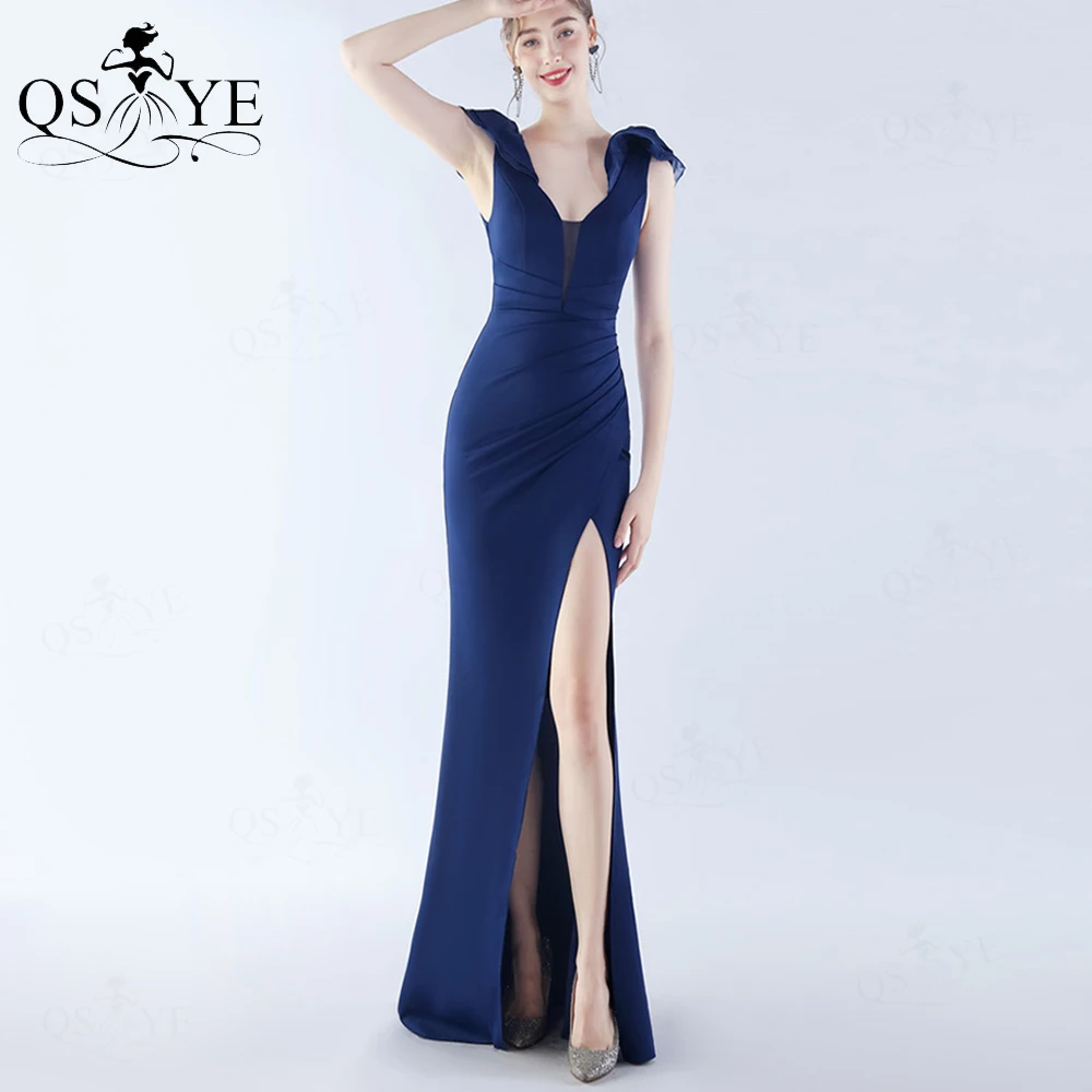 

Navy Evening Dresses Long Ruffles Tank Ruched Mermaid Prom Gown Sleevless Open Split Back V Neck Dark Blue WomenSatinParty Dress