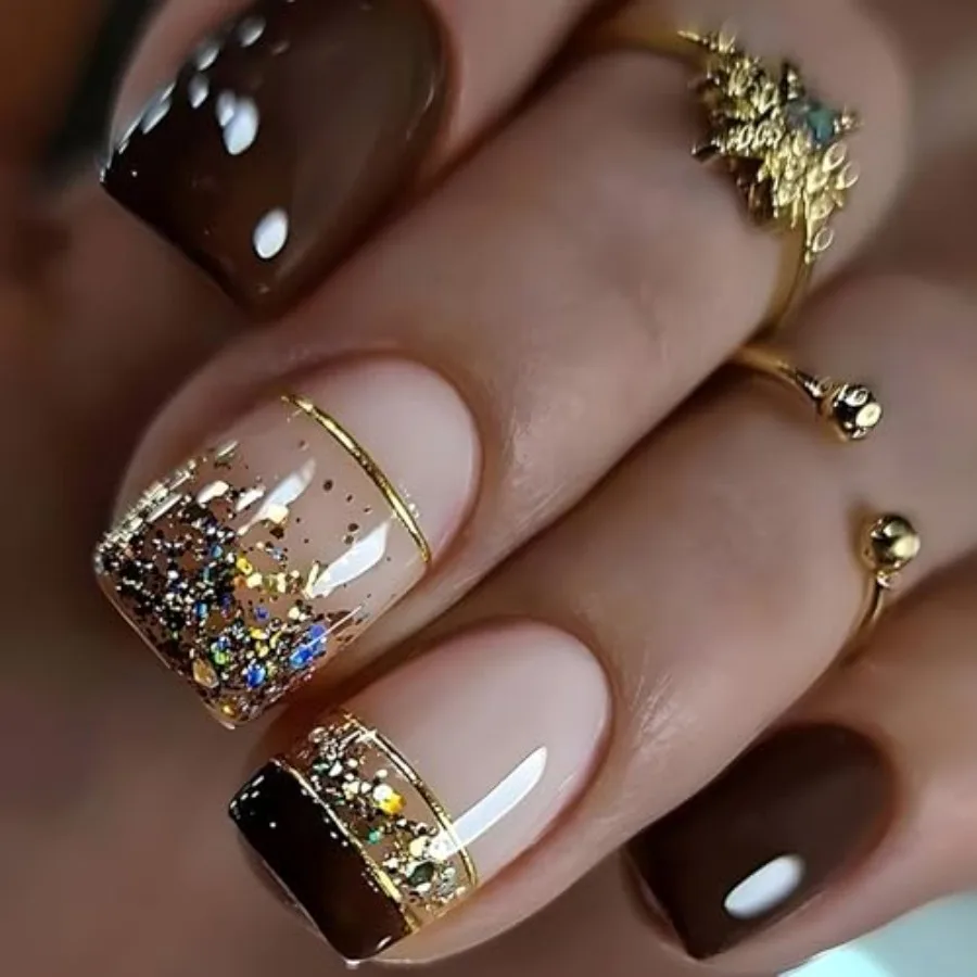 

Press on Nails Short Length Brown French False Nails with Gold Foil Design Square Nails Full Cover Glossy Acrylic Nails French