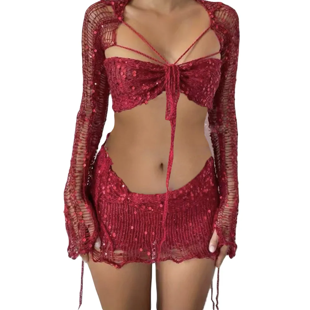 Damski dzianinowy sweter z koralikami trzyczęściowy zestaw z długim rękawem krótki Top i Midi obcisła spódnica 2023 lato nowy