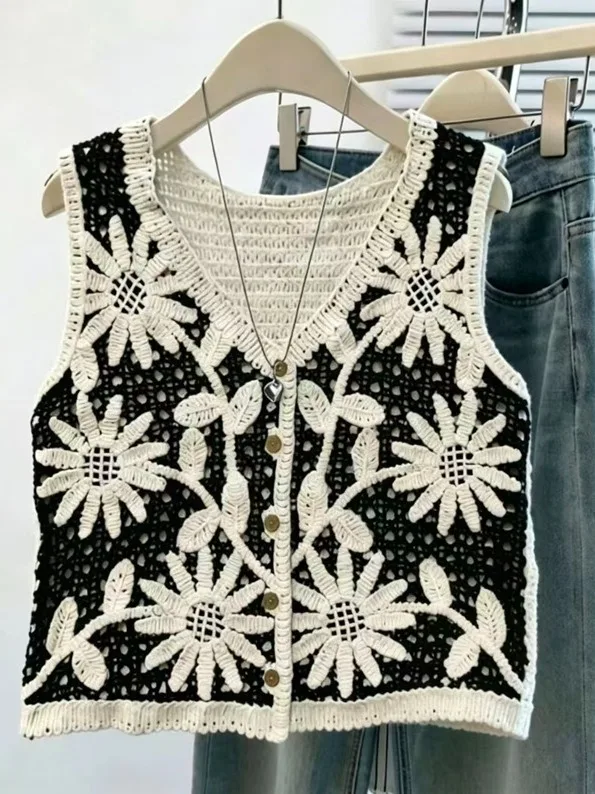 Authentic Vintage Lace Hollow out Knitted Cardigan Vest True Fragrance Style Women's Outerwear Fashionable Versatile Sleeveless