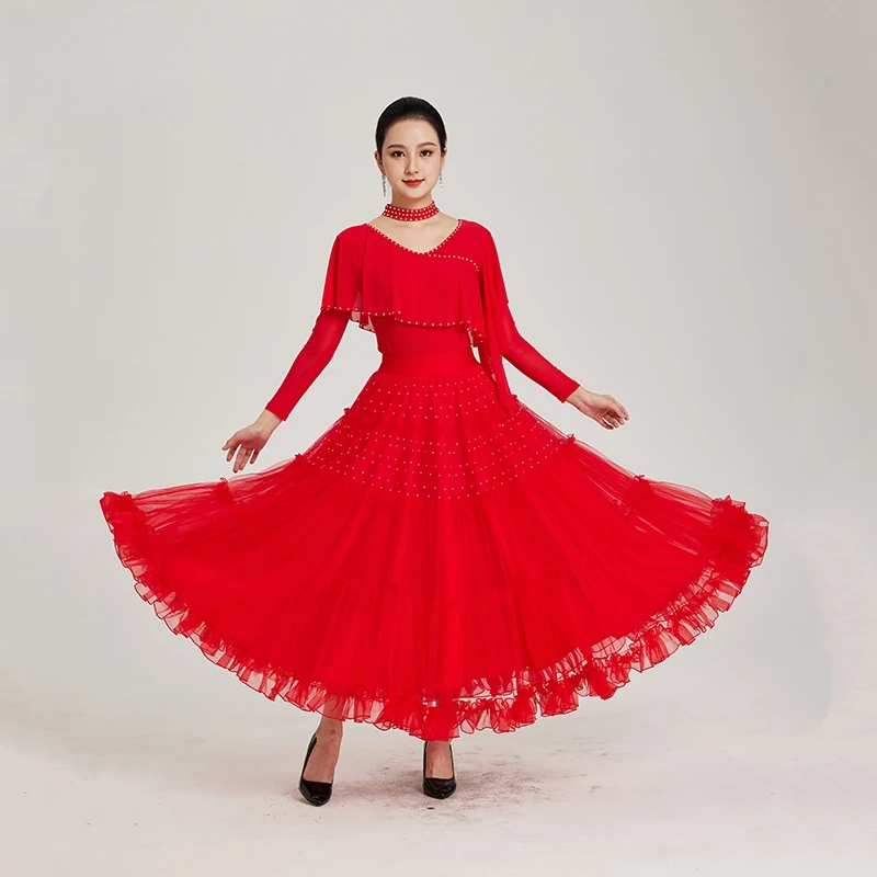 

2026 Women Modern Dance Dress New Diamond Mesh Large Swing Dress Waltz Ballroom Dancing Skirt Lady's High Quality Simple Style