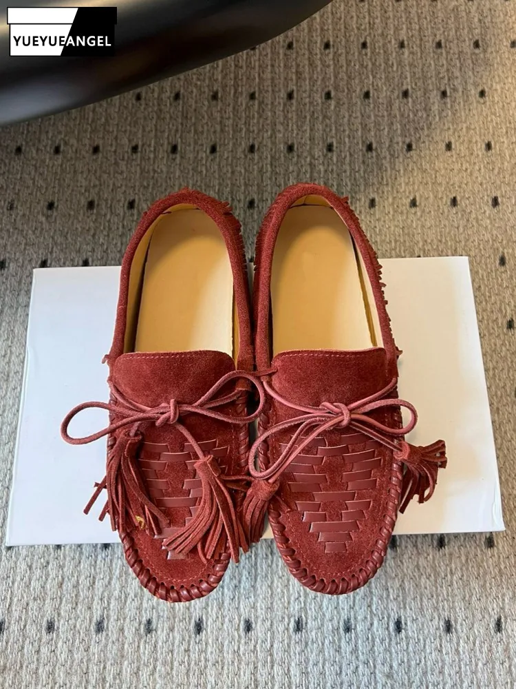 Women Comfortable Slip On Moccasin Flats Vintage Tassels Real Cow Suede Leather Shoes Handmade Weave Driving Loafers Footwear