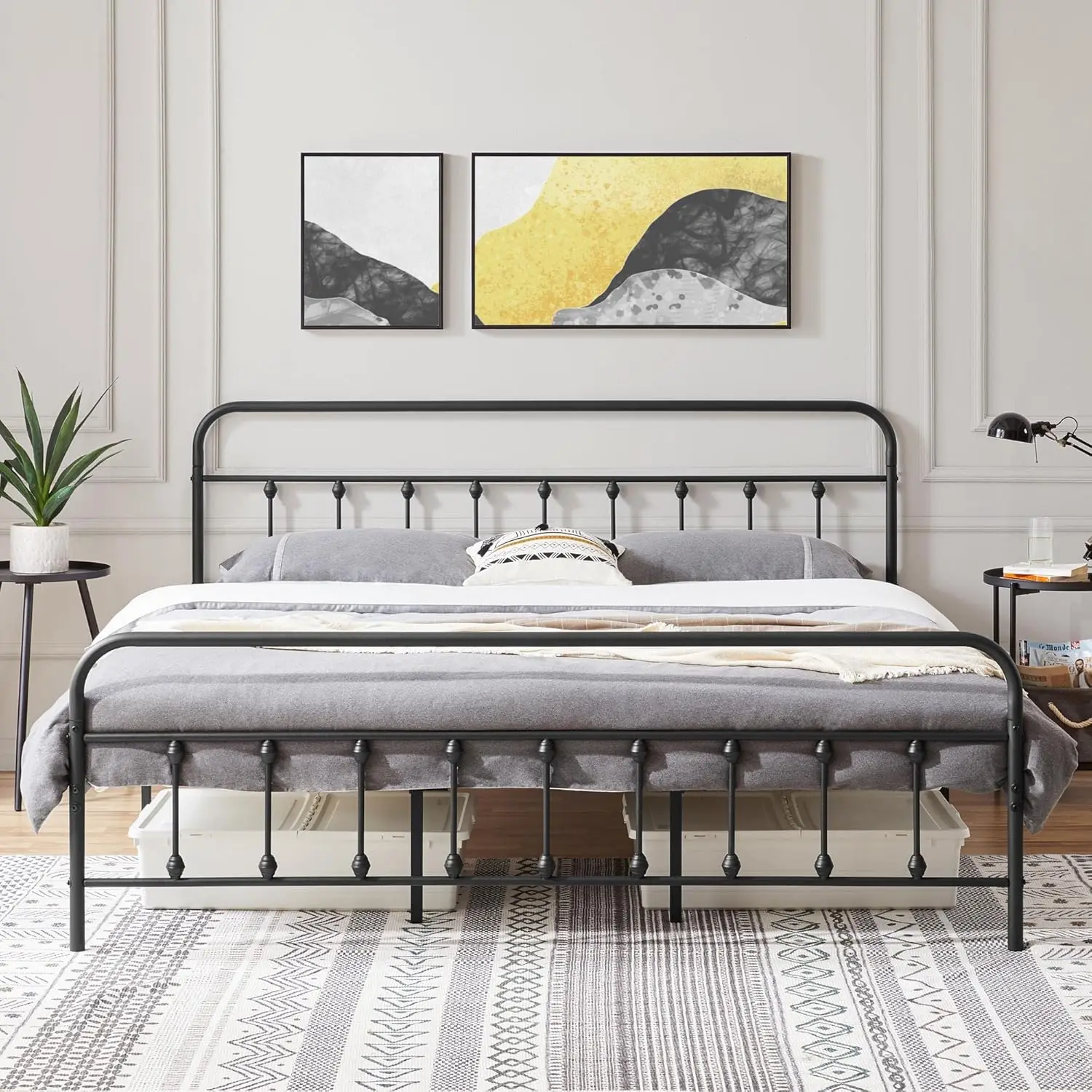 Metal Platform Bed Frame Mattress Foundation with Victorian Style Iron-Art Headboard/Footboard/Under Bed Stora