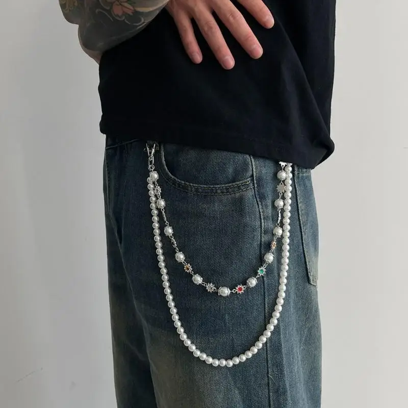 A52E Punk Rock Waist Jewelry Rhinestones Floral Design Pearls Accented Practical Metal Chain