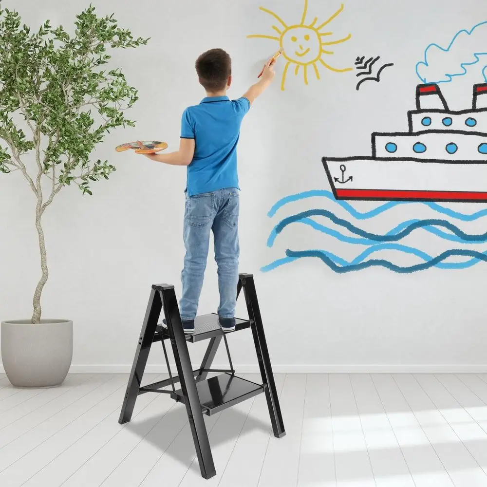Lightweight 2-Step Folding Ladder with Non-Slip and Load-Bearing Capacity up to 150 kg, Black for Kitchen and Household Use image 6