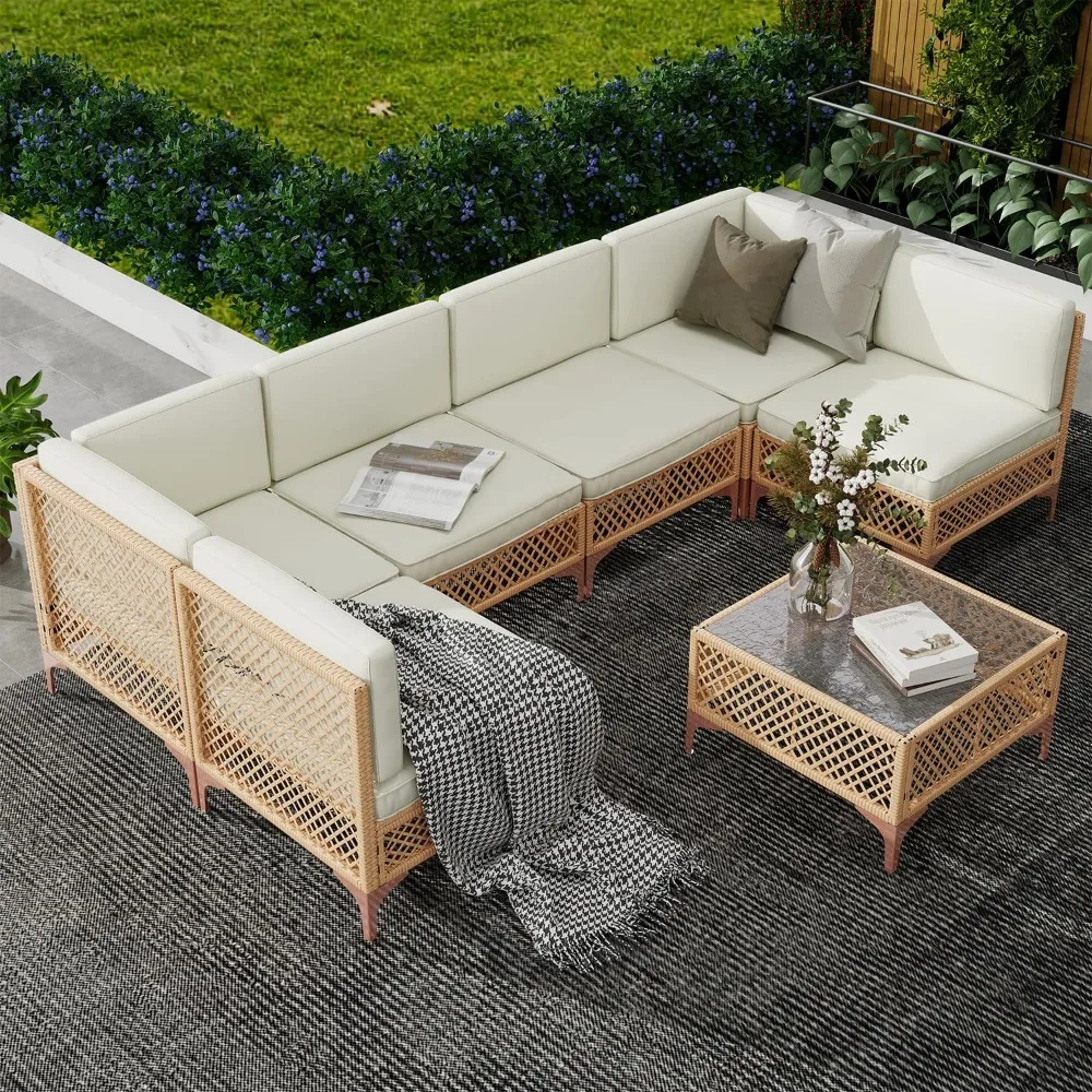 

Boho Style 7-Piece Patio Furniture Set with Wicker Couch and Glass Coffee Table