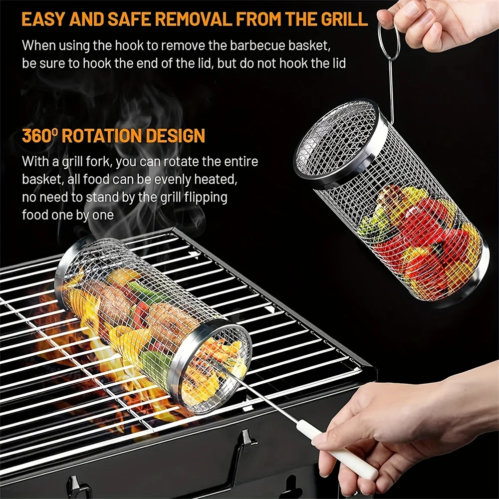 Jaula para barbacoa portátil de acero inoxidable, estufa para barbacoa al aire libre, malla redonda ahumada, rodillo para parrilla, 1 ud.
