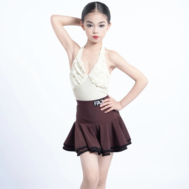 Latin Dance Mädchen Kleid Sommer Neckholder Top Braun Rüschen Rock Kinder Cha Cha Rumba Praxis Kleidung Tanzen Training Dancewear 1914