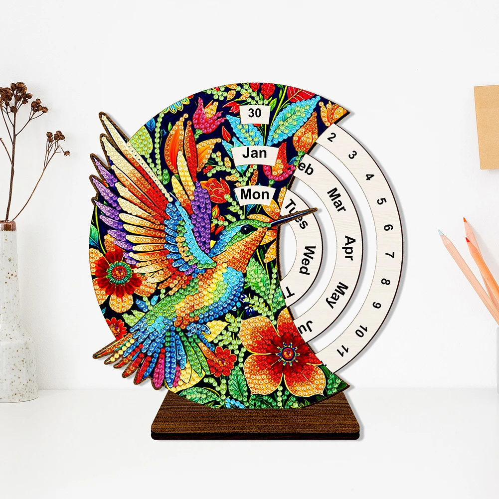 

Special Shape Hummingbird Manual Rhinestones Wheeled Calendar 5D DIY Diamond Calendar Tabletop Decoration for Desktop Decor