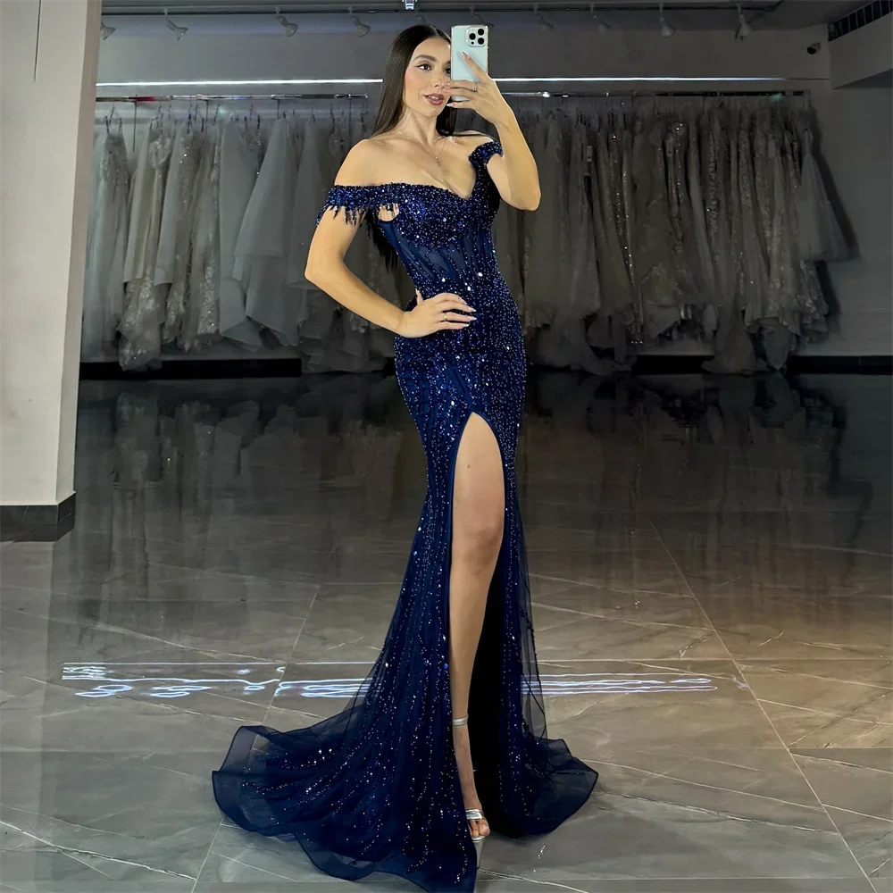 Luxurious Sparkling Blue Mermaid Lace Beaded Women's Evening Dress Sexy V-neck Side High Slit Off Shoulder Ball Dress Customized
