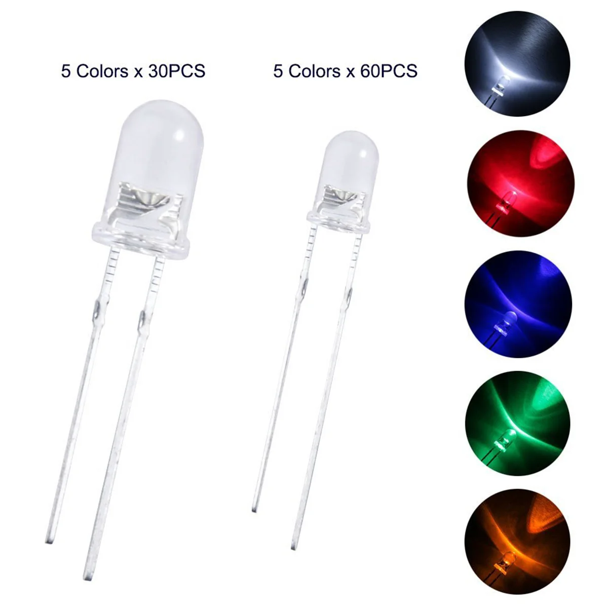 600pcs 3mm 5mm Assorted Clear/ LED Light Emitting Diodes LED Bulbs Compatible for (5 Colors) Light-emitting Diodes