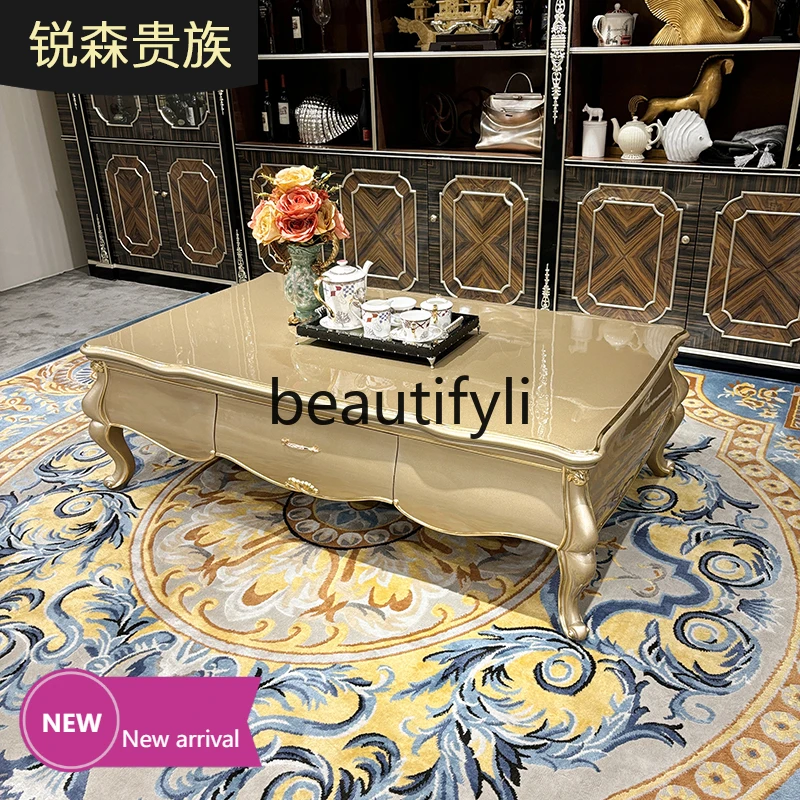 C45  French large coffee table, European luxury tea table, tea table with drawers rectangular solid wood carving flower table