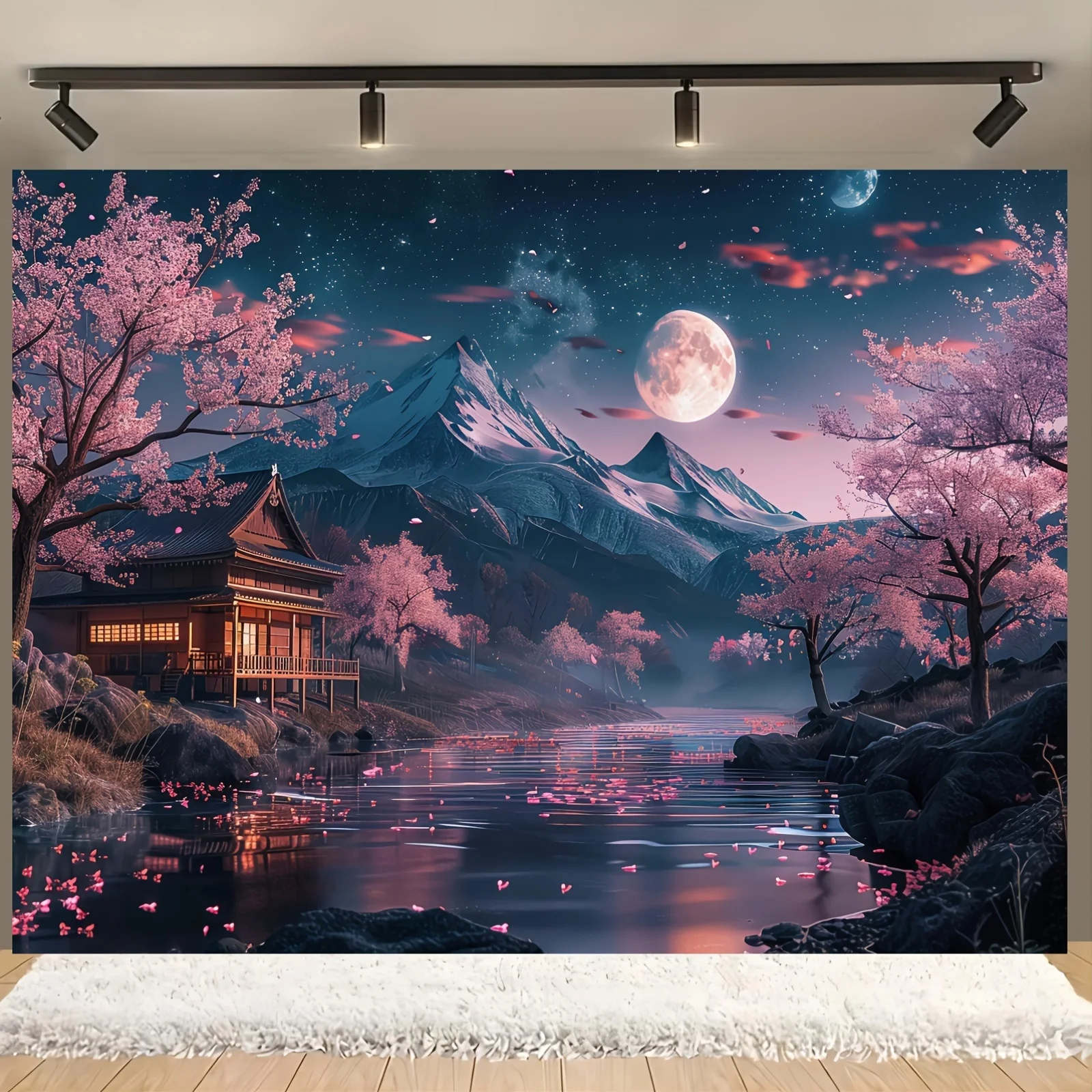 Cherry blossom Japanese landscape with moonlight night view of mountains and rivers Polyester banner multi-purpose decoration