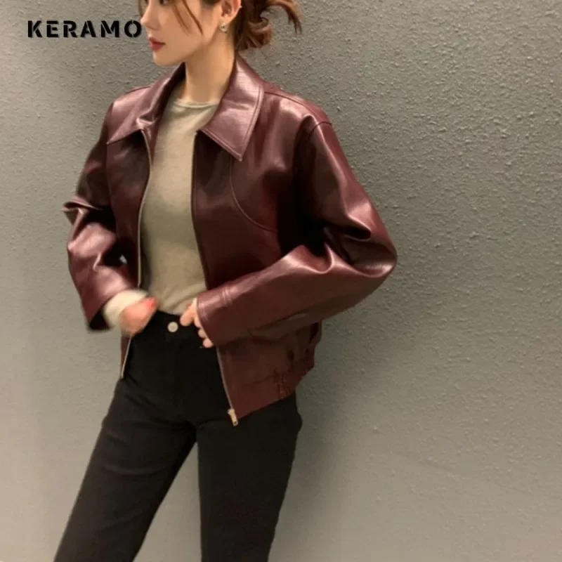 2024 Winter Women Casual Retro Hip-hop Motocycle Faux Leather Jacket Vintage Red Long Sleeve Winter Solid Sheath Faux Jacket