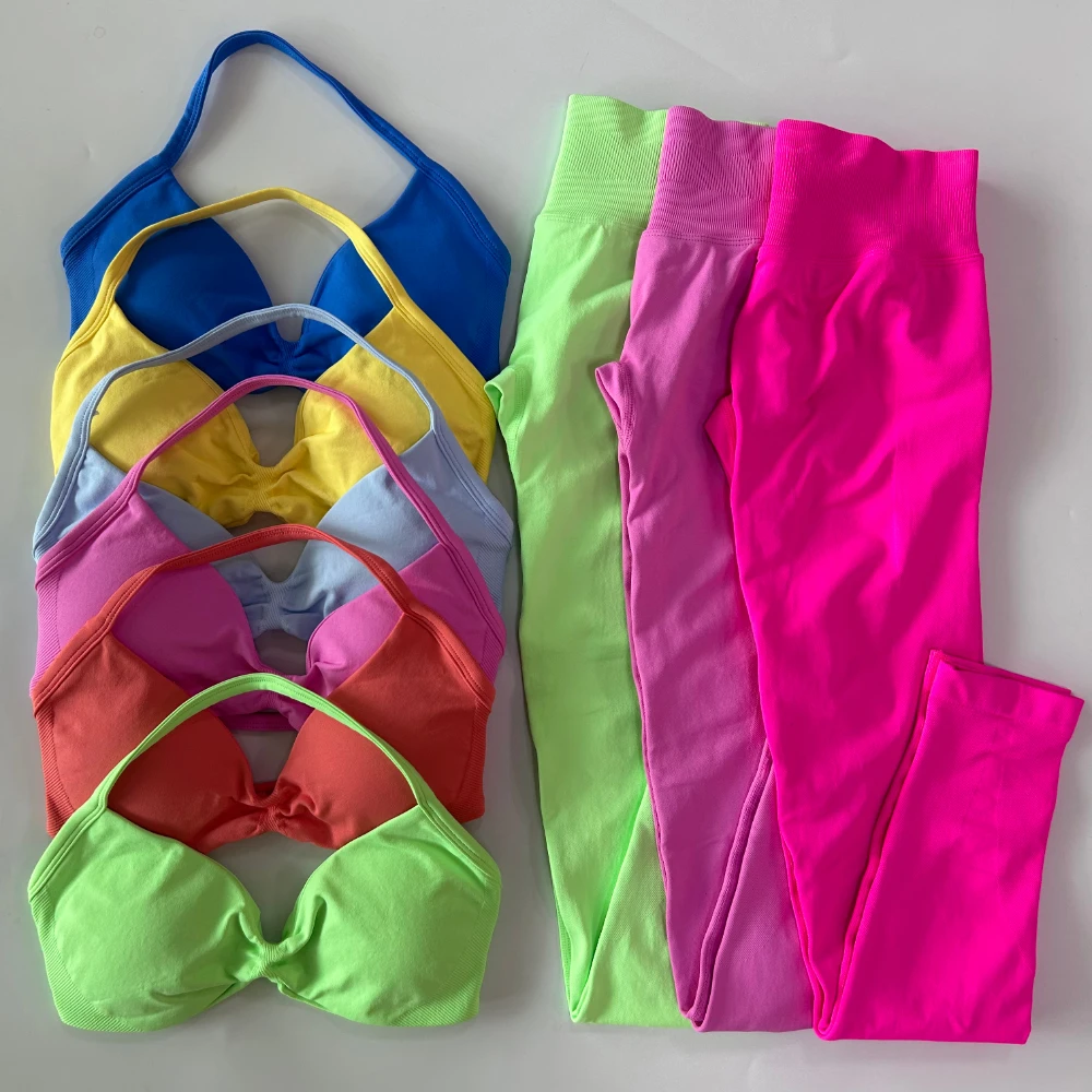 

2 Pieces Set For Woman Strappy Yoga Bra Sports Top Workout Leggings Set Seamless Gym Set Fitness Clothes Outfit Activewear