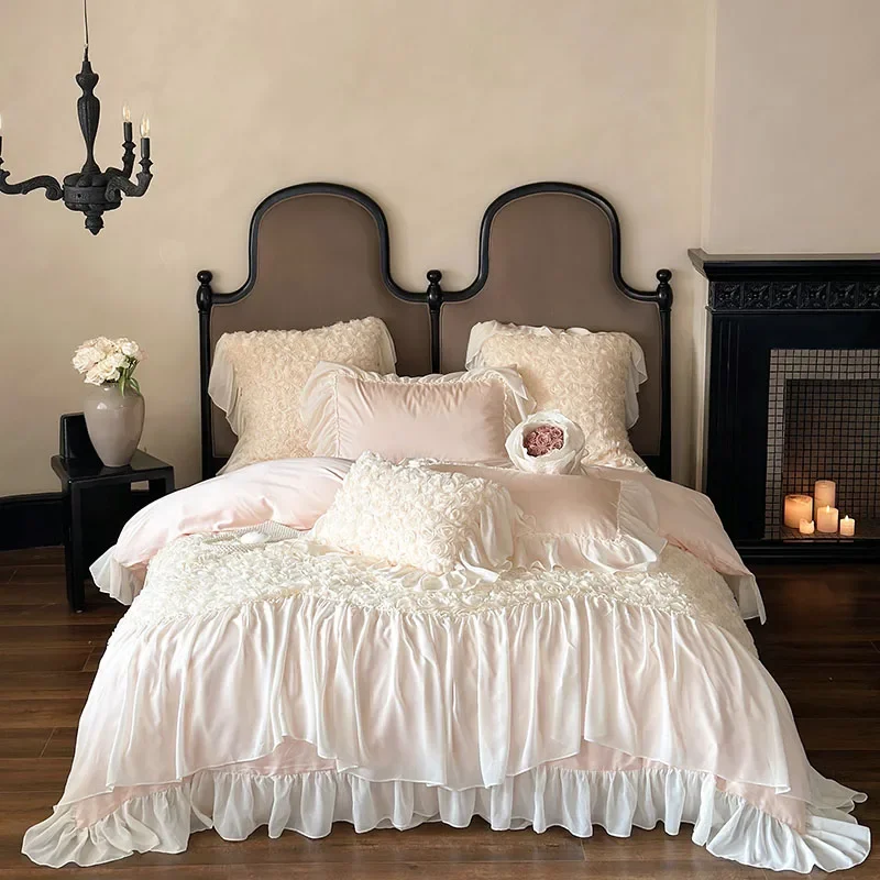 Svetanya Rose Lace Bedding Set Romantic Princess Wedding Duvet Cover Bed Sheet Pillowcases Bed Linens