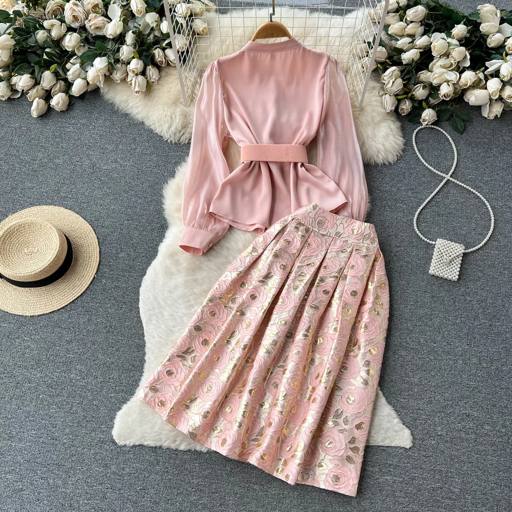 Summer Luxury 2 Piece Sets French Fashion Suits Women's Long Sleeve Embroidery Shirt Tops High Waist Jacquard Half Skirt Outfits