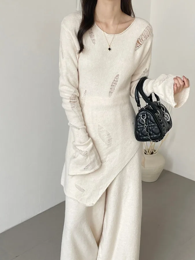 Autumn Faion Maglione di media lunghezza da donna + Pantaloni a gamba larga Set di due pezzi Design con foro chic Abbigliamento casual Vestibilità comoda Taglia per adulti