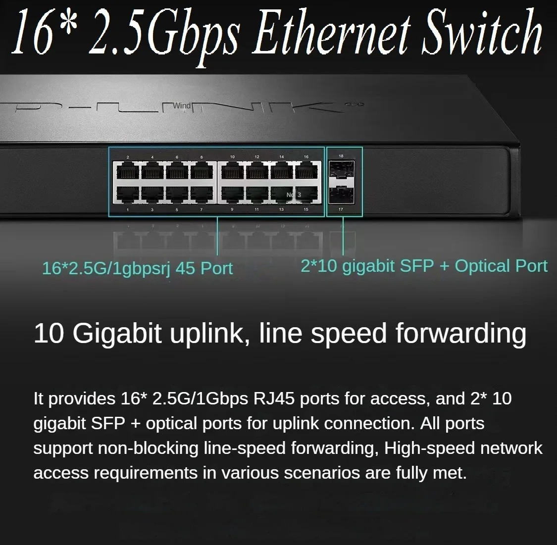 Plug&Play 16* 2500Mbps RJ45-poorts Switch, 2*10G SFP+ Uplink, 2,5 Gigabit Ethernet-netwerkswitch IEEE 802.3bz/3ab/3x/ae 16K MAC