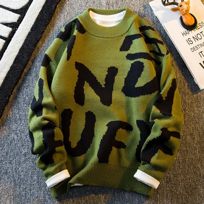 Man Clothes Pullovers Letter Knitted Sweaters for Men Print Graphic Green Wool Pull Oversize Spring Autumn Y2k Streetwear A Fun