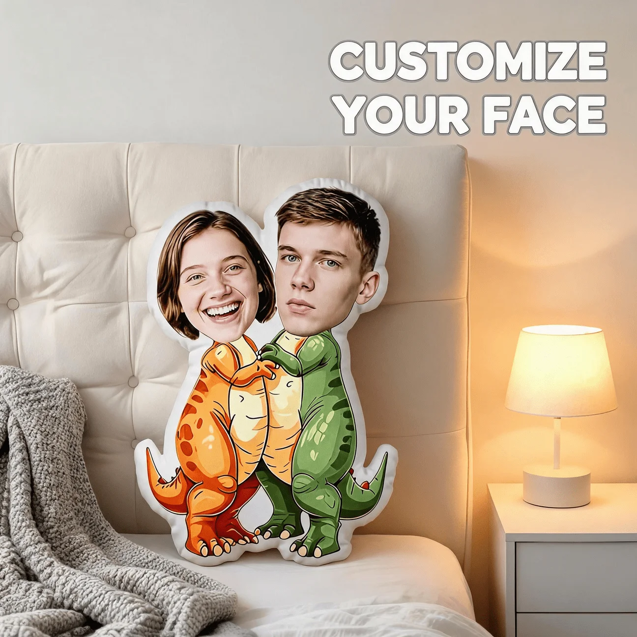 Custom Couple Photo Dinosaur Shaped Pillow, Personalized Face Decorative Cushion, Funny Home Decor Accent for Sofa & Bedroom, Un