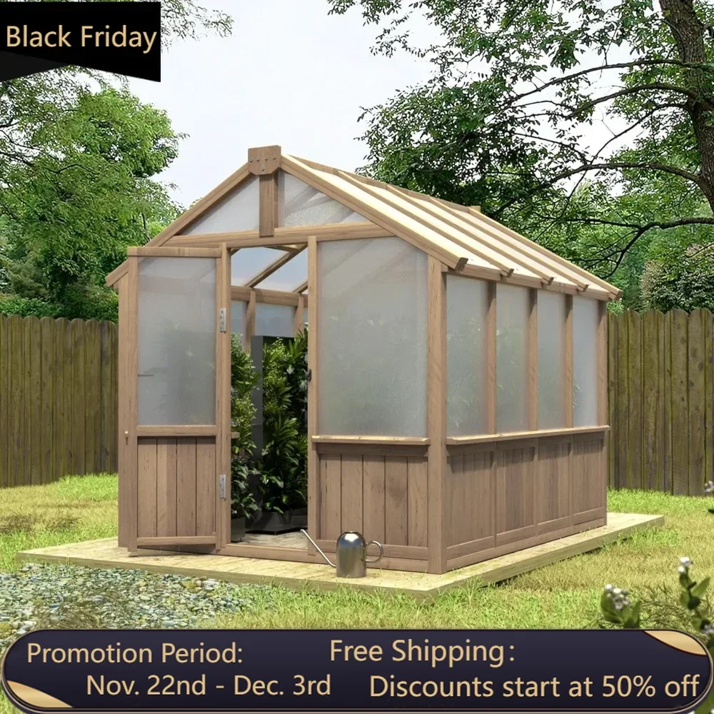 6 x 8 Ft Wooden Polycarbonate Greenhouse with Ventilated Window and Lockable Door, Walk-in Greenhouse for Backyard, Brown