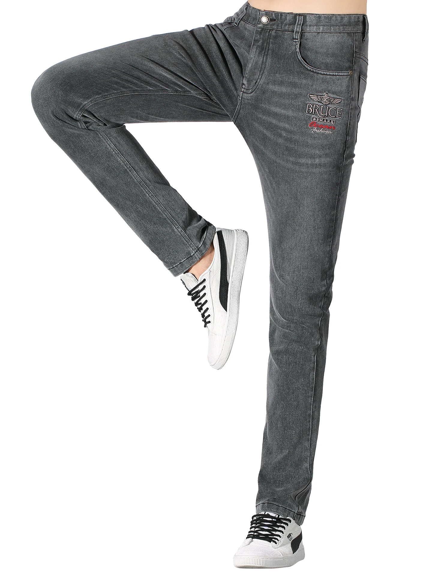 

Fall Winter Thiened Denim Jeans Men's Loose Straight Leg Pants Bruce & ark Brand Embroidery Large Size Trendy Men's Jeans