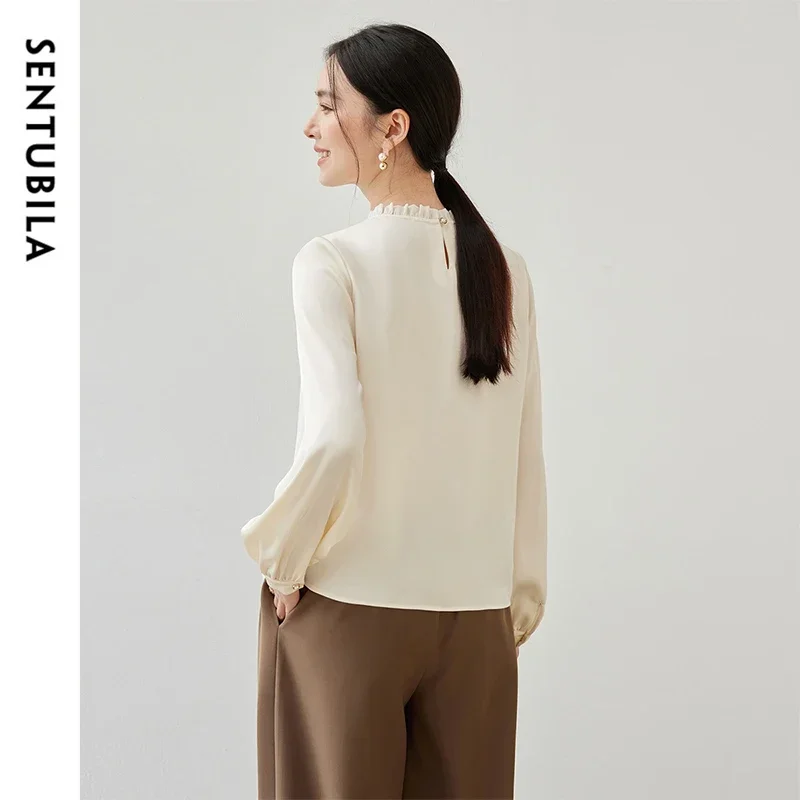 SENTUBILA Women's Elegant Chiffon Blouse 2025 Spring Commute Fashion Ruffled O Neck Long Sleeve Top Womans Clothes 143V56980