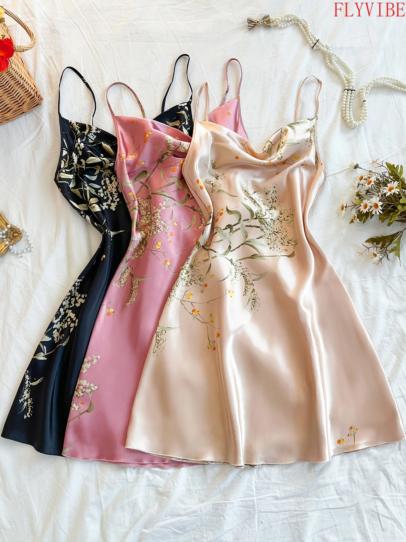 Women 3Pcs Plus Size Nightgown Korean Style Spaghetti Strap All Over White Willow Blossom Print Cowl Neck Soft Skin Friendly Loungewear Nightdress